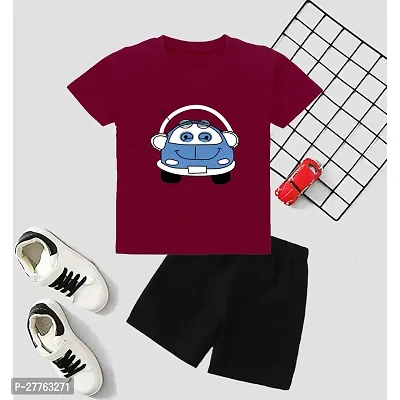 Stylish Maroon Cotton Blend Printed T-Shirts With Shorts Clothing Set For Boys