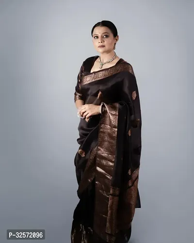 Elegant Brown Silk Blend Saree with Blouse piece For Women-thumb0