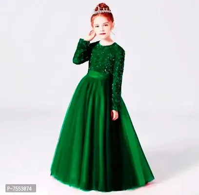 Girls Festive Season Long Sequin Work Green Colour Fit and Flair Dress