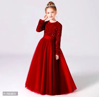 Girls Festive Season Long Sequin Work Red Colour Fit and Flair Dress-thumb0