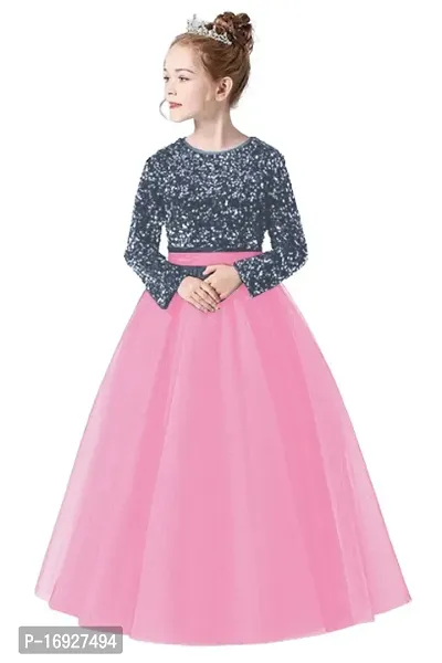 Girls Readymade Long Sleeve Sequin Work Gown Type Dress-thumb0
