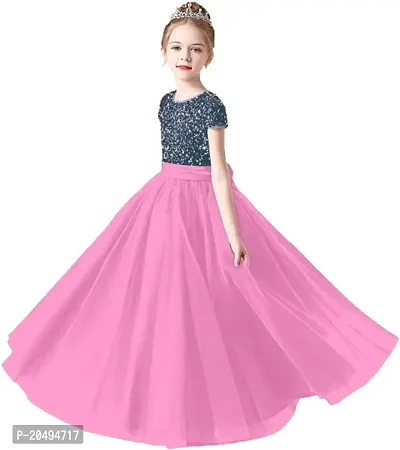 Girls Readymade Short Sleeve Sequin Work Gown Type Dress-thumb0