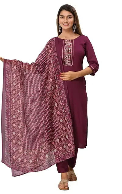 Elegant Rayon Boat Neck 3/4 Sleeves Print Kurta And Dupatta Set For Women