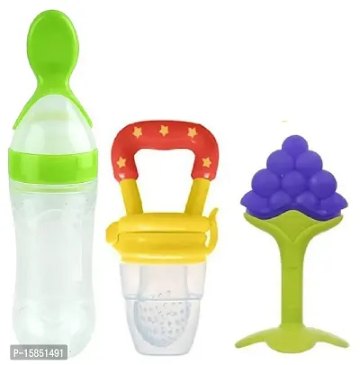 Dream Choice Combo of Feeding Spoon with Squeezy food Grade Silicone Feeder bottle with Nibbler and Teether, For Infant Baby, 90ml, BPA Free,Random-Color.-thumb0
