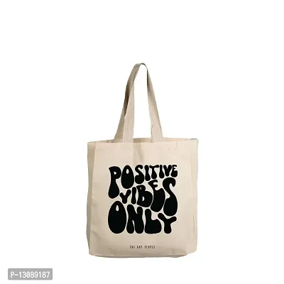 Positive Vibes Only Off White Tote Bag| Canvas| Fashion| Eco Friendly| Shoulder Bag| for Gym Beach Shopping College| The Art People|-thumb0