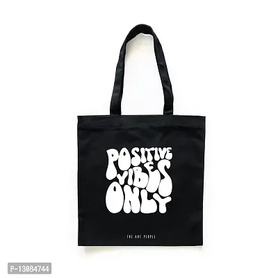 Positive Vibes Only Black Tote Bag| Canvas| Fashion| Eco Friendly| Shoulder Bag| for Gym Beach Shopping College| The Art People|-thumb0