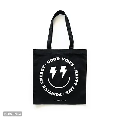 Good Vibes Black Tote Bag| Canvas| Fashion| Eco Friendly| Shoulder Bag| for Gym Beach Shopping College| The Art People|-thumb0