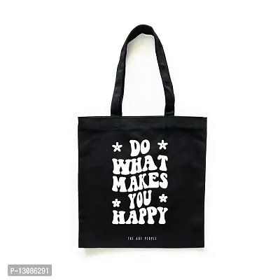 Happy Black Tote Bag| Canvas| Fashion| Eco Friendly| Shoulder Bag| for Gym Beach Shopping College| The Art People|-thumb0