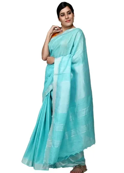 Trendy Linen Blend Sarees With Plain Zari Border Design