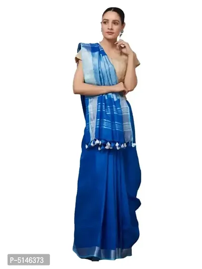 Royal Blue Women Linen Blend Saree With Plain Zari Border Design And Running Blouse Piece