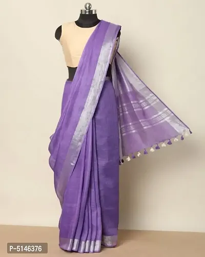 Light Purple Women Linen Blend Saree With Plain Zari Border Design And Running Blouse Piece-thumb0