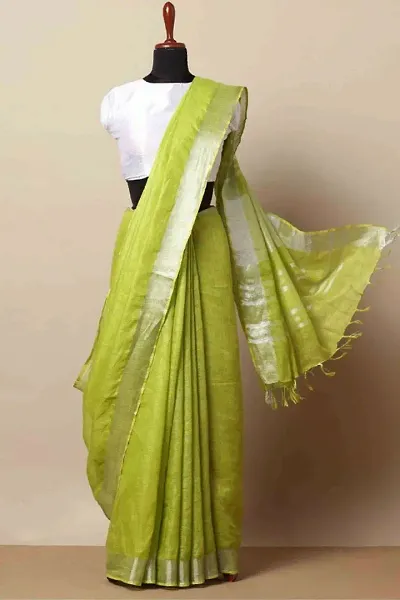 Silver Border Woven Design Pompom Pallu Linen Blend Sarees