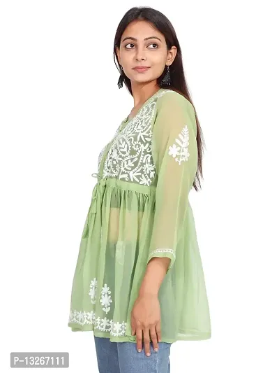 Women's Kurti Georgette Chikankari Short Tunic | Straight Womans Kurta for Summer | Stylish Plus Size Ethnic Kurti Green-thumb2