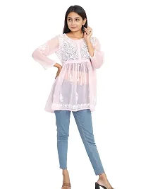 Women's Kurti Georgette Chikankari Short Tunic | Straight Womans Kurta for Summer | Stylish Plus Size Ethnic Kurti Pink-thumb3