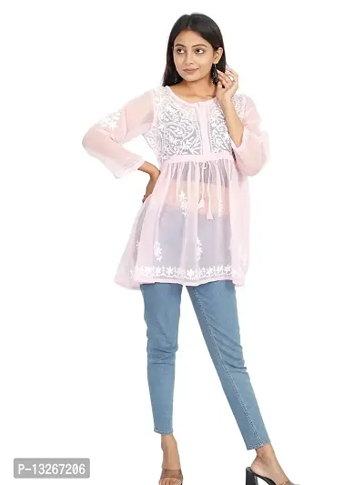 Women's Kurti Georgette Chikankari Short Tunic | Straight Womans Kurta for Summer | Stylish Plus Size Ethnic Kurti Pink-thumb4