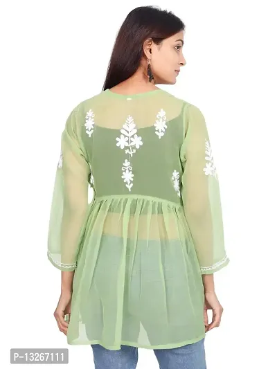 Women's Kurti Georgette Chikankari Short Tunic | Straight Womans Kurta for Summer | Stylish Plus Size Ethnic Kurti Green-thumb3