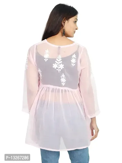 Women's Kurti Georgette Chikankari Short Tunic | Straight Womans Kurta for Summer | Stylish Plus Size Ethnic Kurti Pink-thumb3