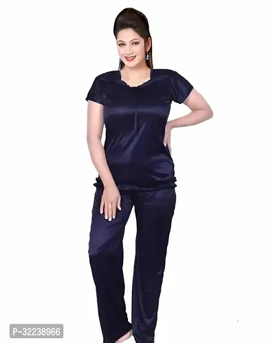 Elegant Blue Satin Solid Night Suits For Women-thumb0