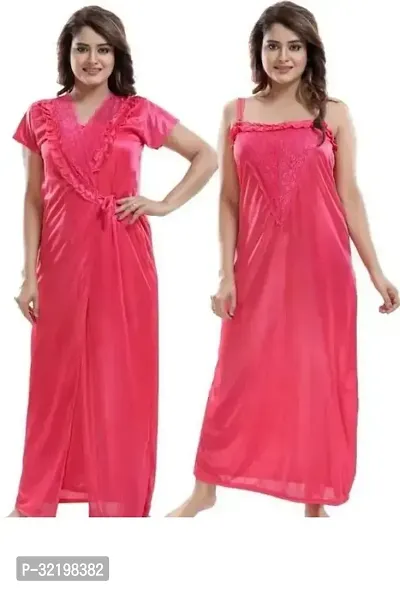 Elegant Magenta Satin  Nighty With Robe For Women-thumb0