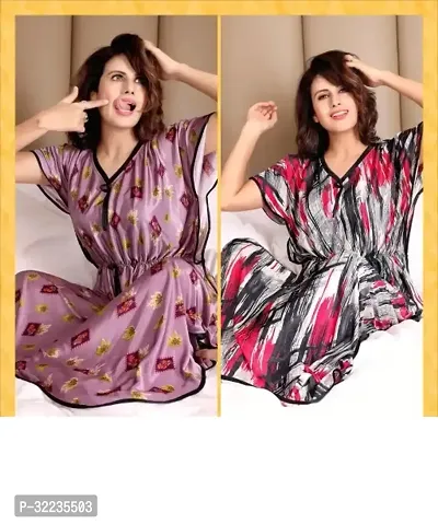 Elegant Long Maxi Night Gown Nighty Dress Super Soft Comfortable Satin Solid Nighty For Women and Girls Pack of 2-thumb0