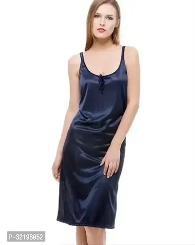 Elegant Navy Blue Satin Solid Nighty For Women-thumb0