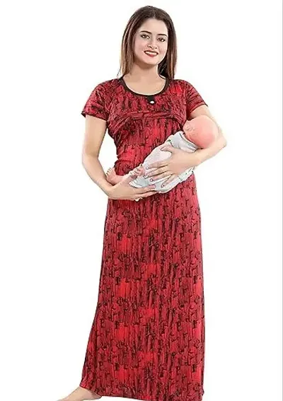 Comfortable Satin Printed Maternity Wear Nighty For Women