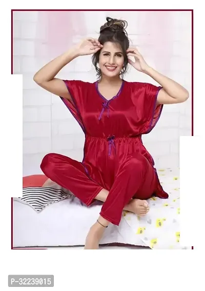 Elegant Maroon Satin Solid Night Suits For Women-thumb0