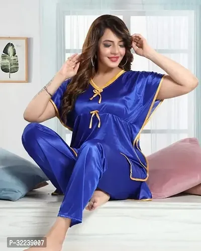 Elegant Blue Satin Solid Night Suits For Women