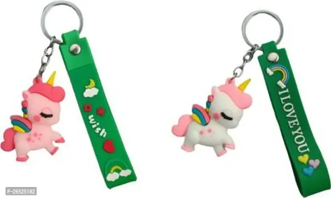 Stylish Combo Of Lovely Pink And White Unicorn With Cute Green Tag Key Chain
