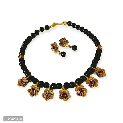Firstdemand Gold Plated Traditional Flowar Pendent Necklace Set (Black - Golden) for Beautiful Women-thumb0