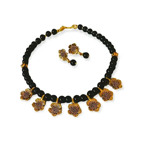 Firstdemand Gold Plated Traditional Flowar Pendent Necklace Set (Black - Golden) for Beautiful Women
