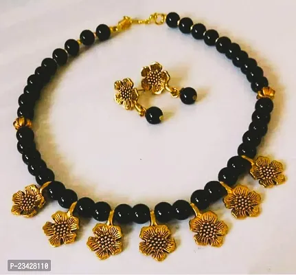 Firstdemand Gold Plated Traditional Flowar Pendent Necklace Set (Black - Golden) for Beautiful Women-thumb5