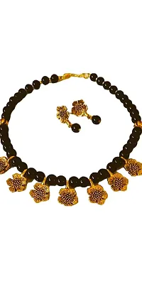 Firstdemand Gold Plated Traditional Flowar Pendent Necklace Set (Black - Golden) for Beautiful Women-thumb2