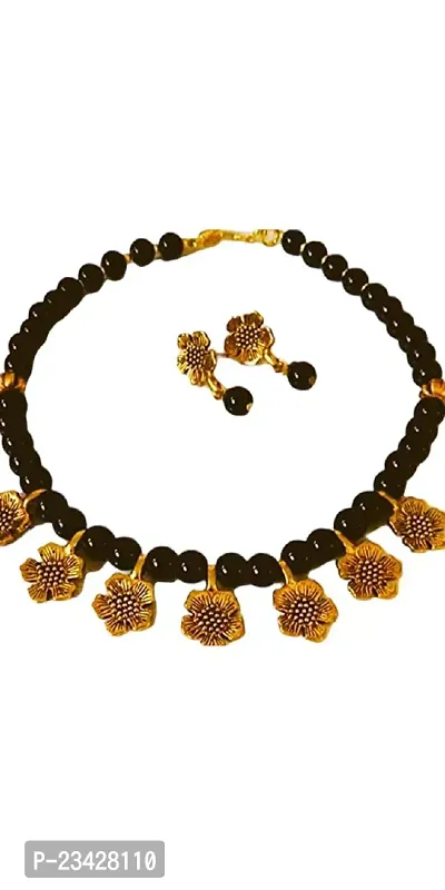Firstdemand Gold Plated Traditional Flowar Pendent Necklace Set (Black - Golden) for Beautiful Women-thumb3