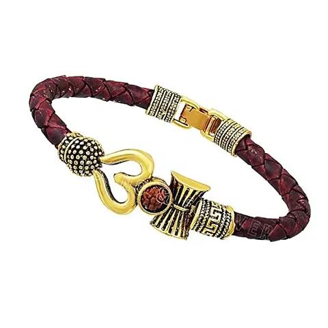 Firstdemand Damru OM Rudraksha Beads Plated Mahakal Shiva Genuine Leather Bracelet for Men and Boys