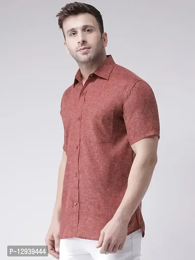 KHADIO Men's Linen O1 Half Shirt Brown-thumb2