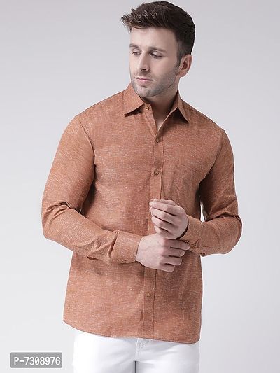 Trendy Brown Linen Long Sleeves Solid Casual Shirts For Men