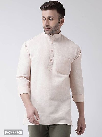 Stylish Beige Cotton Solid Short Length Kurta For Men-thumb0