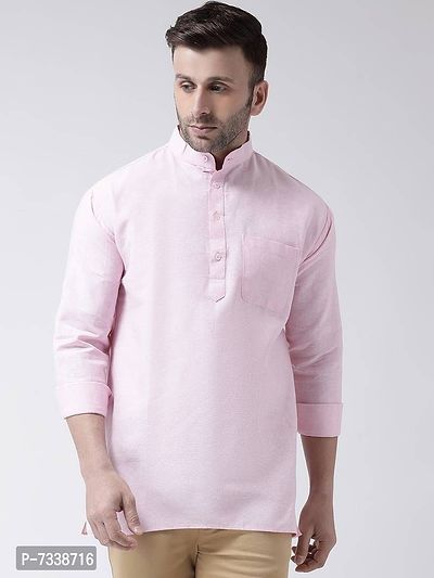 Stylish Pink Cotton Solid Short Length Kurta For Men