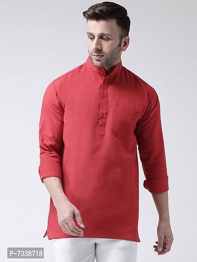 Stylish Red Cotton Solid Short Length Kurta For Men