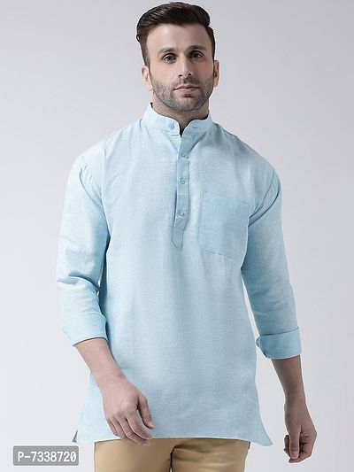 Stylish Light Blue Cotton Solid Short Length Kurta For Men