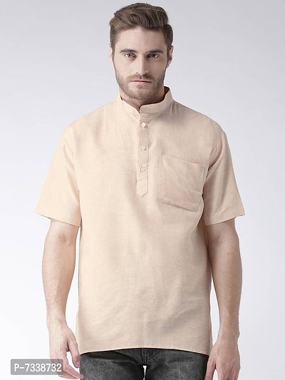 Stylish Beige Cotton Solid Short Length Kurta For Men