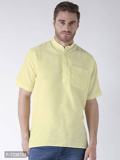Stylish Yellow Cotton Solid Short Length Kurta For Men