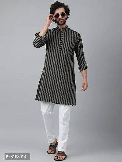 Beautiful Cotton Striped Black Kurta Pyjama Set For Men-thumb0