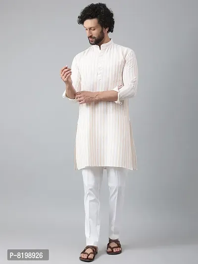 Beautiful Cotton Striped Beige Kurta For Men-thumb0