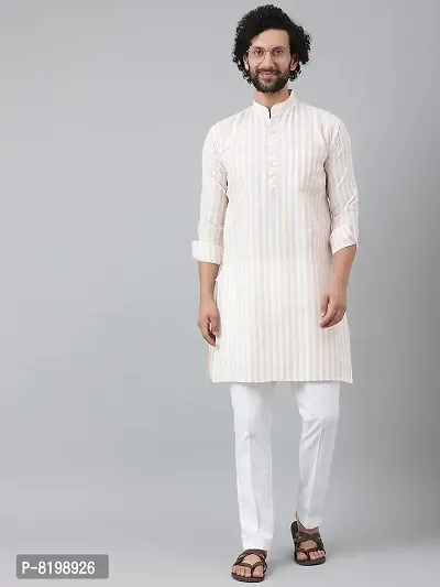 Beautiful Cotton Striped Beige Kurta For Men-thumb4