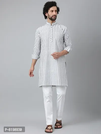 Beautiful Cotton Striped Grey Kurta For Men-thumb0