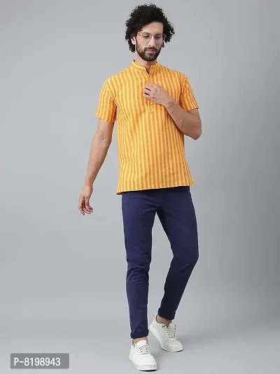 Beautiful Cotton Striped Yellow Short Kurta For Men