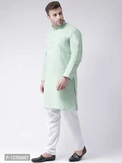 Reliable Green Cotton Solid Mid Length Kurta For Men-thumb2