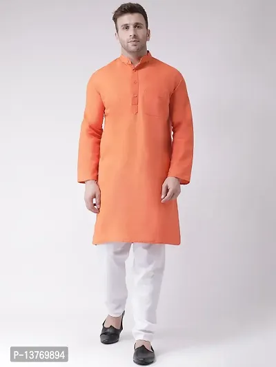 Reliable Orange Cotton Solid Mid Length Kurta For Men